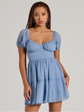 Windsor Light Blue Swiss Dot Dress with Puff Detail